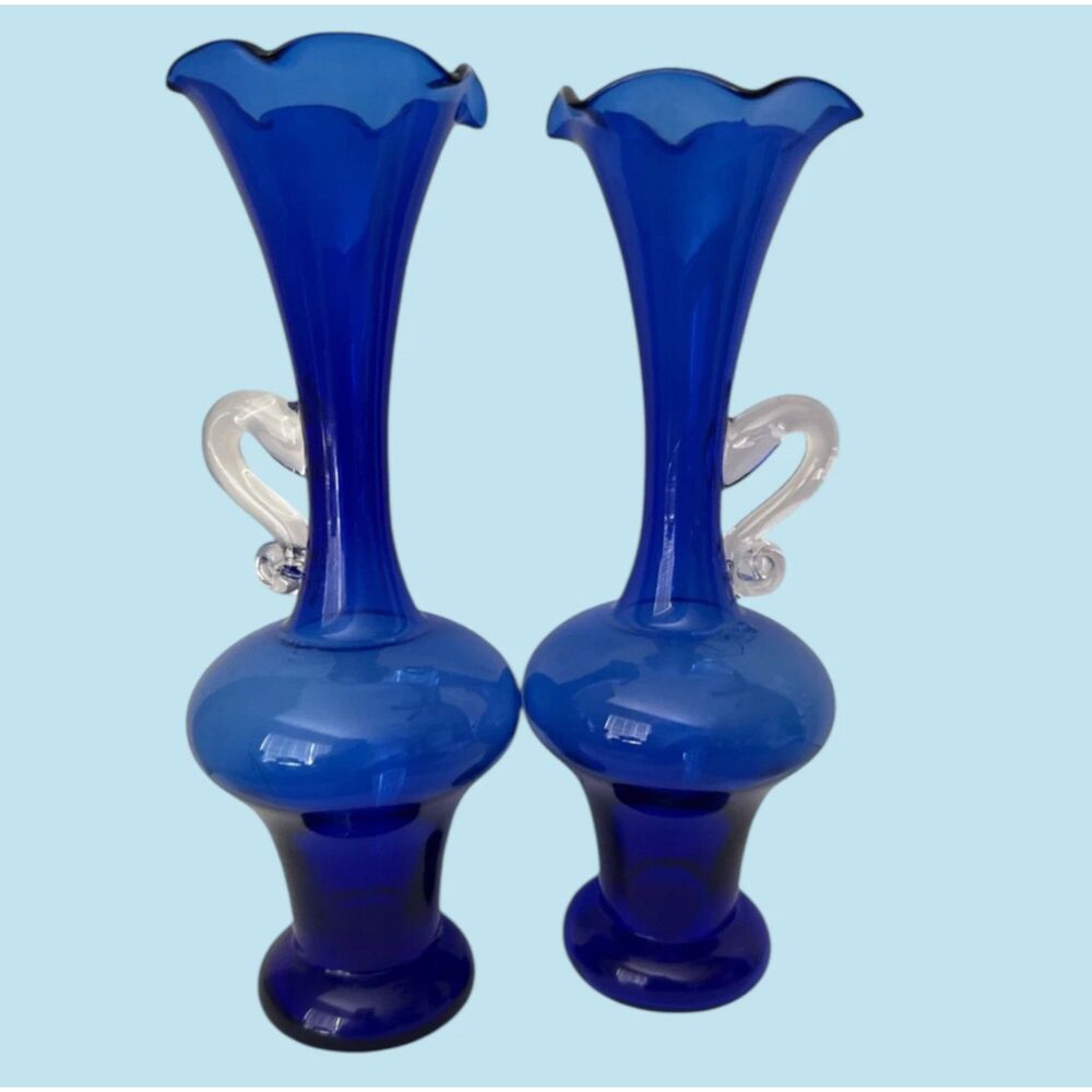 Pair Cobalt Blue Blown Glass Ewer Vases 8" Tall w/ Applied Clear Handles Vintage